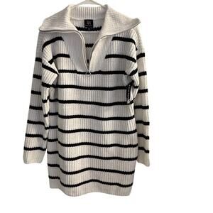 Derek Heart Sweater Women's White/Black Striped V Neck Tunic 1/4 Zip Sz M